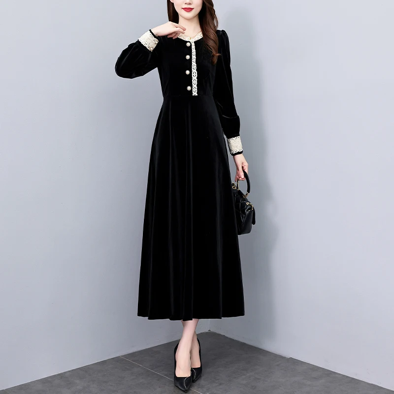 M-3XL elegante Frauen Spitzen be sätze o Hals Velours langes Kleid 2024 Herbst Winter Einreiher Taschen schwarz Samt Büro Vestidos