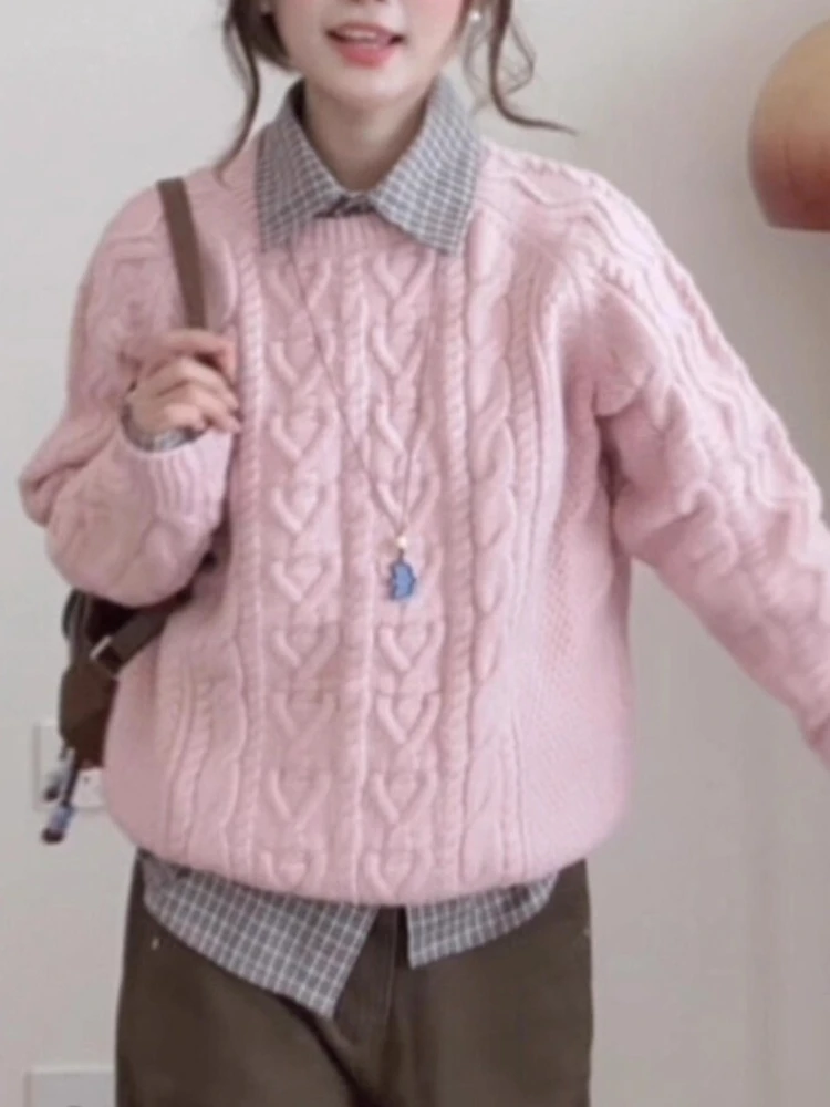 الكورية الأزياء لينة الوردي كابل متماسكة سترة ناعمة المرأة فضفاضة طويلة الأكمام الخريف الشتاء جديد مريح البلوز شيك كسول نمط الزي #2