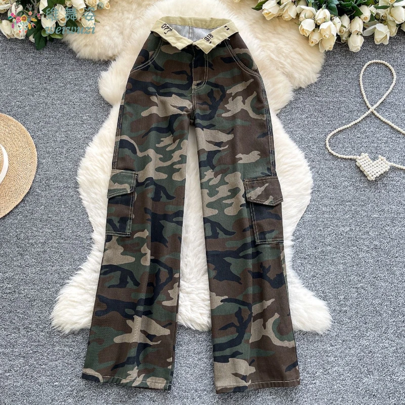 

New Women's Camouflage Cargo Jeans Y2K Turn-up Hight Waist Pants Casual Wide Leg Denim Pants Autumn Fashion Utility Work Jeans