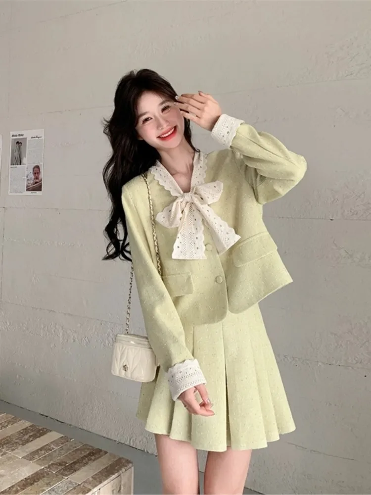 

Женские модные комплекты из 2 предметов, осенние новые кружевные лоскутные милые плиссированные короткие юбки, костюмы, корейская одежда для школы, наряды