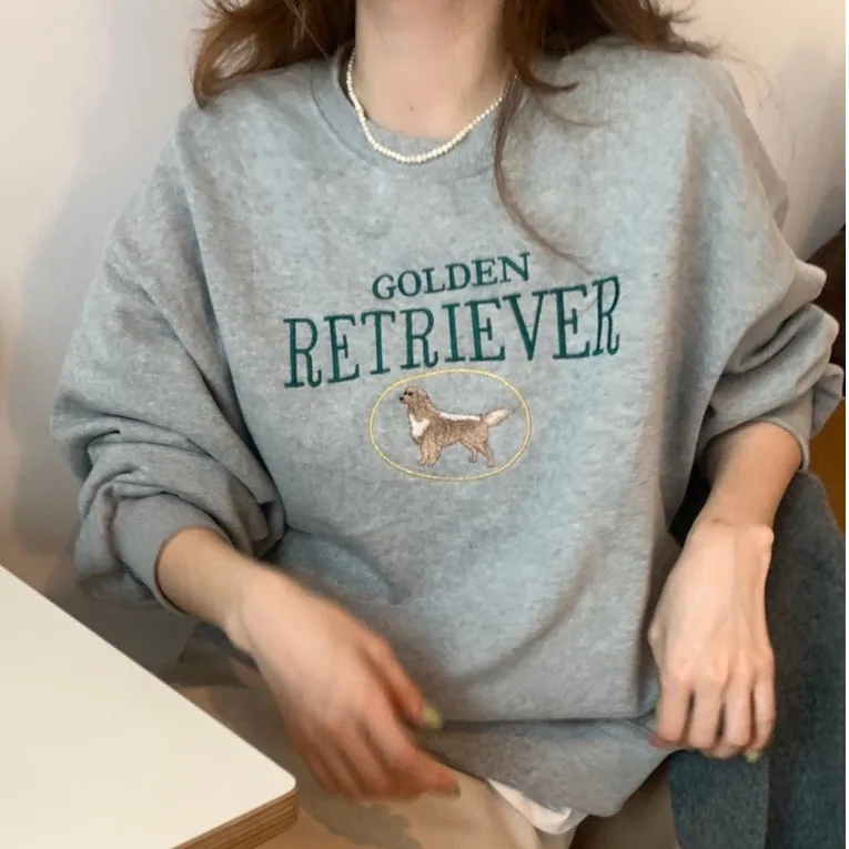 Chic Otoño Invierno perezoso Sle redondo Ne pulóver bordado pesado perro suelto puro algodón largo Sve sudadera Mujer