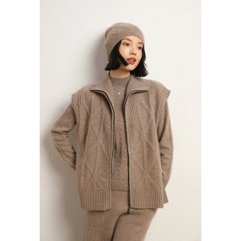 2025 Casual Women‘s Zip Vest Trendy Street Sleek Versatile Spring Autumn Winter Sweater Cashmere Knitwear 100% Cashmere Tops