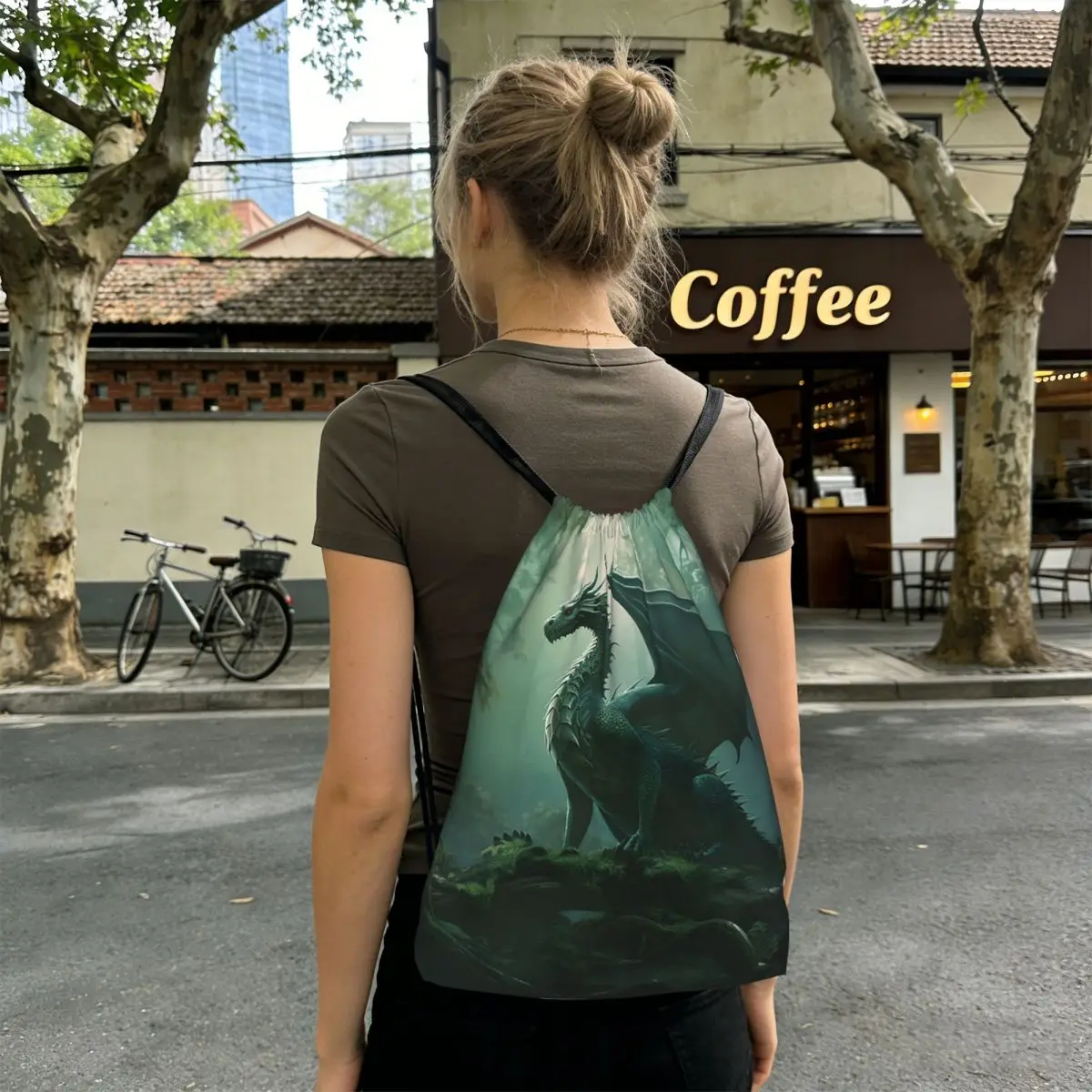 Green Dragon In The Forest Backpacks Portable Drawstring Bundle Pocket Sundries Bag Book Bags for Man Woman Students