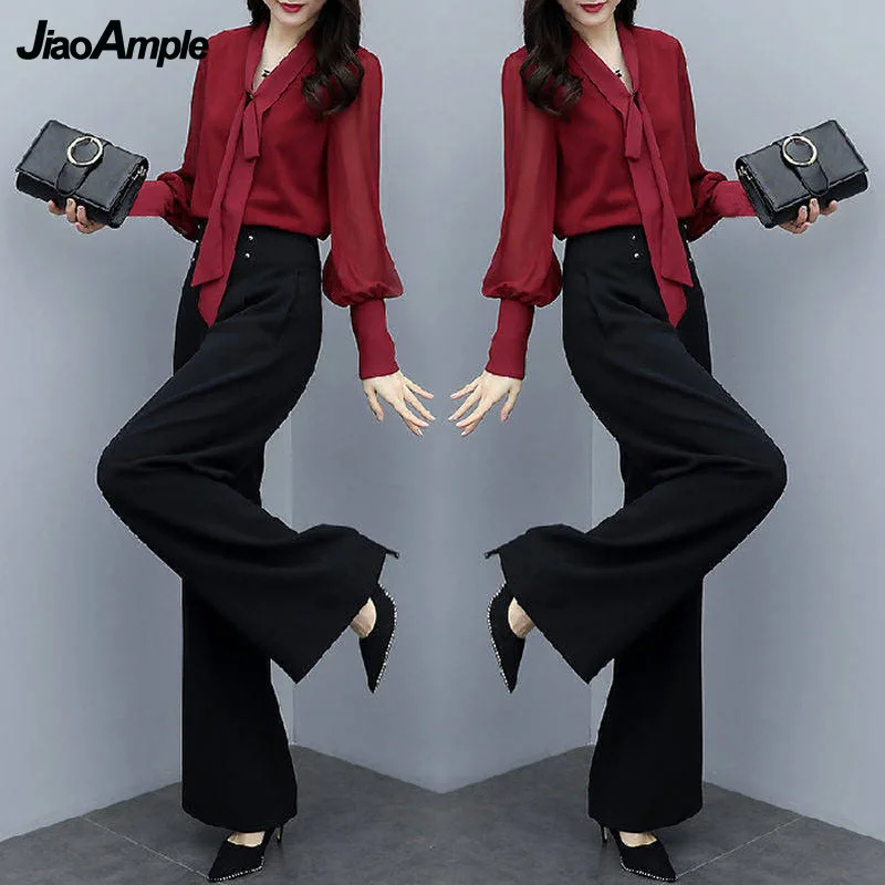 

Women Autumn Casual Shirts Wide Leg Pants Suit 2024 New Loose Long Sleeve Top Trousers 2 Piece Korean Elegant Professional Wear