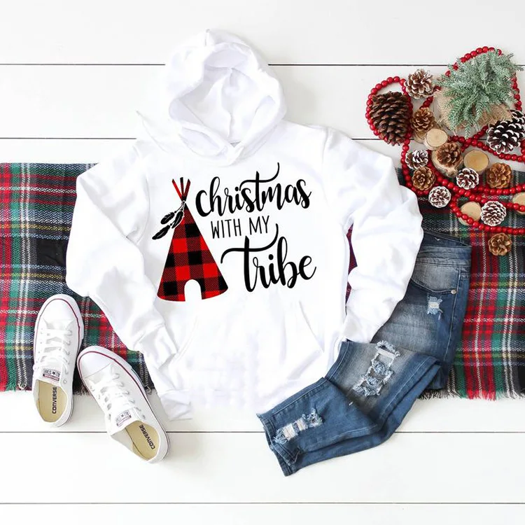 Christmas with My Tribe Hoodies Woman  Pullover Top Kawaii   Spring Hooded Sweatshirts