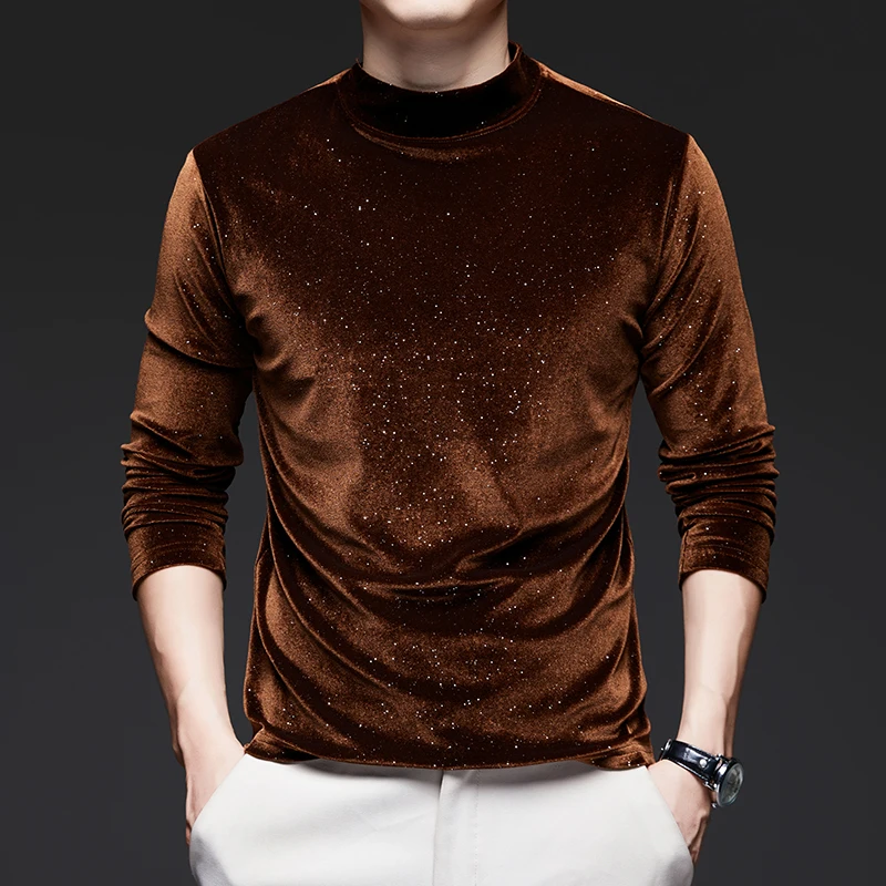 New Arrival Gold Velvet Men\'s Tees 2024 Autumn Fashion Bright Stars Silk Velvet Clothes Tops Male Mock Neck Soft Velour Shirts