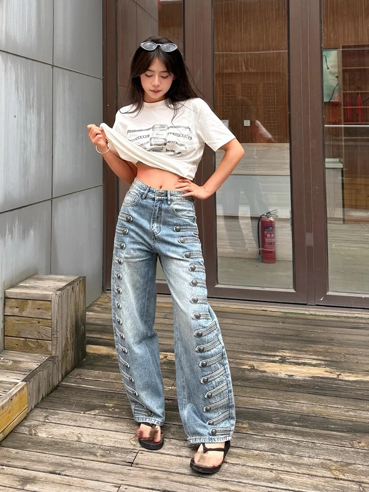 Loose Blue Denim Jeans Women's American Retro Court Metal Buckle Design Wide Leg Pants High Waist Straight Leg Jeans