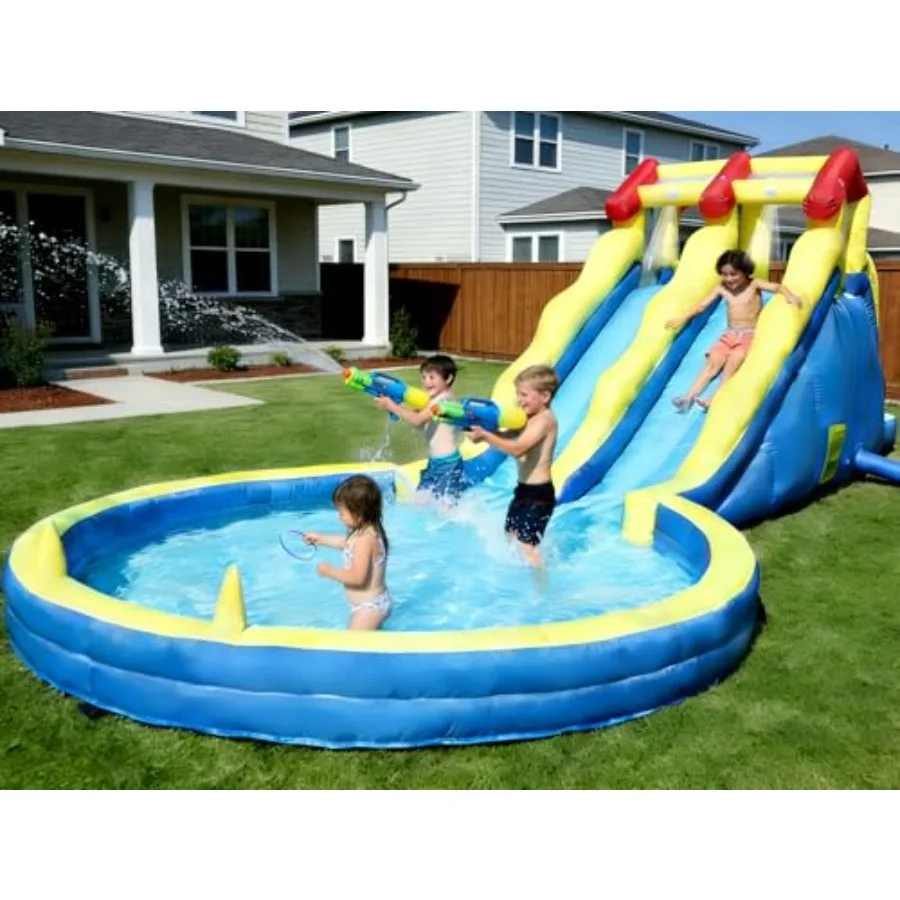 

26FT Inflatable Water Slides for Backyard Blow Up Double Water Slides with 750W Blower Giant Splash Pool in Blue 840D Oxford Co