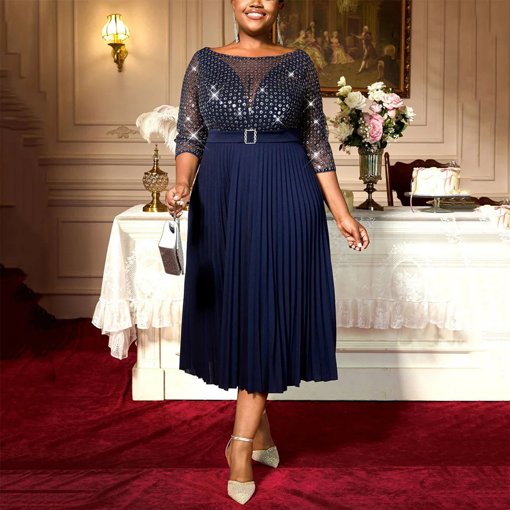 

Luxury Dresses for Women o Neck Full Sleeve Sequined Belt Waisted Pleated Mid Calf Elegant Birthday Party Dinner Vestidos Mujer