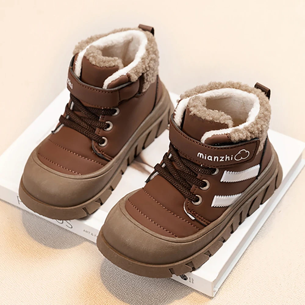 

Thick Warm Plush Boots For Children PU Leather Waterproof Kid's Cotton Shoes Trend Fashion Outdoor Boy's Girl's Fur Boots