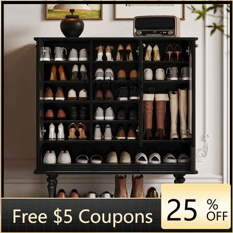 

GZ retro solid wood shoe cabinet entrance corridor aisle black birch paint multi-layer entrance cabinet