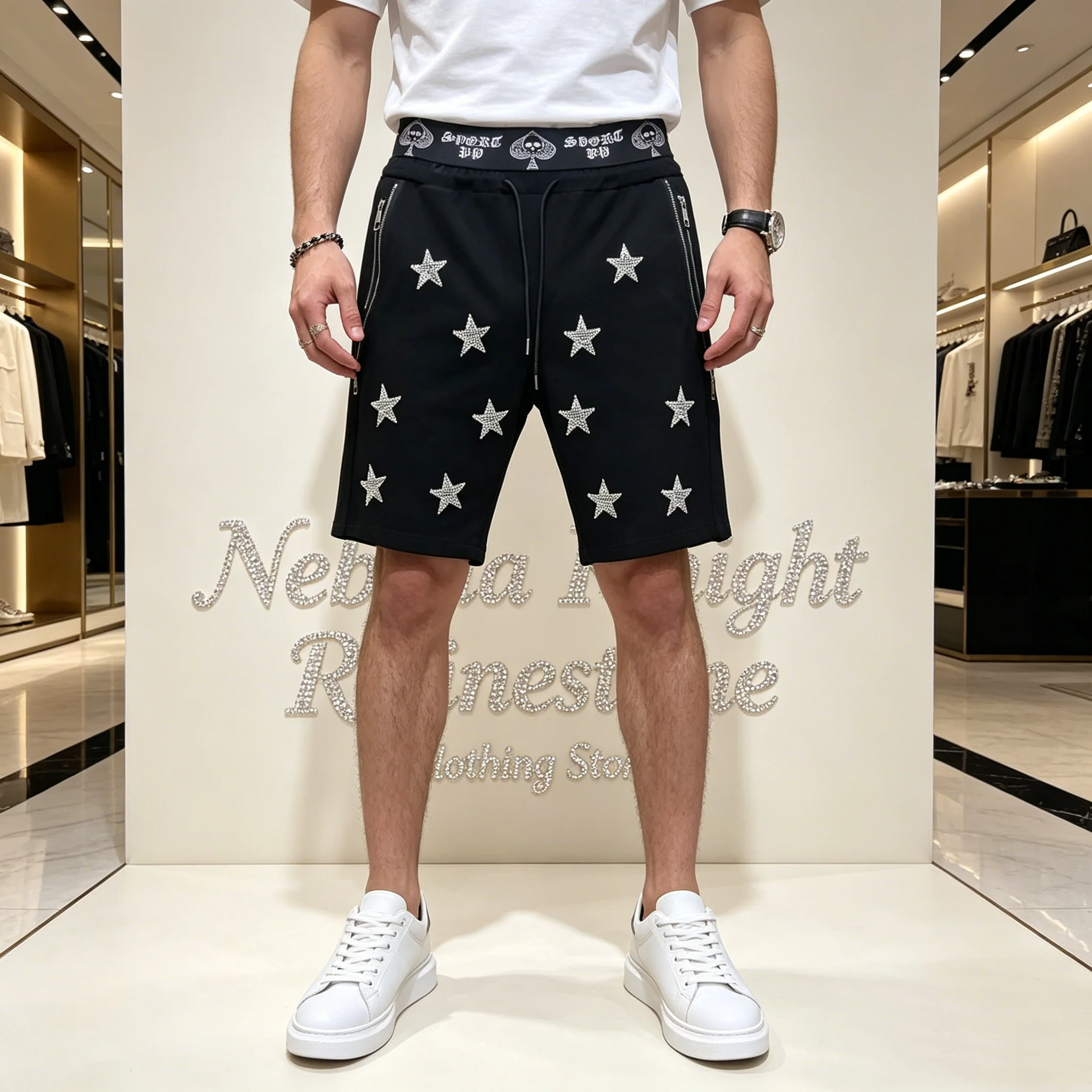European Streetwear Men Rhinestone Sports Shorts Drawstring Waist Zipper Pocket Loose Casual Running Outdoor Beach Shorts