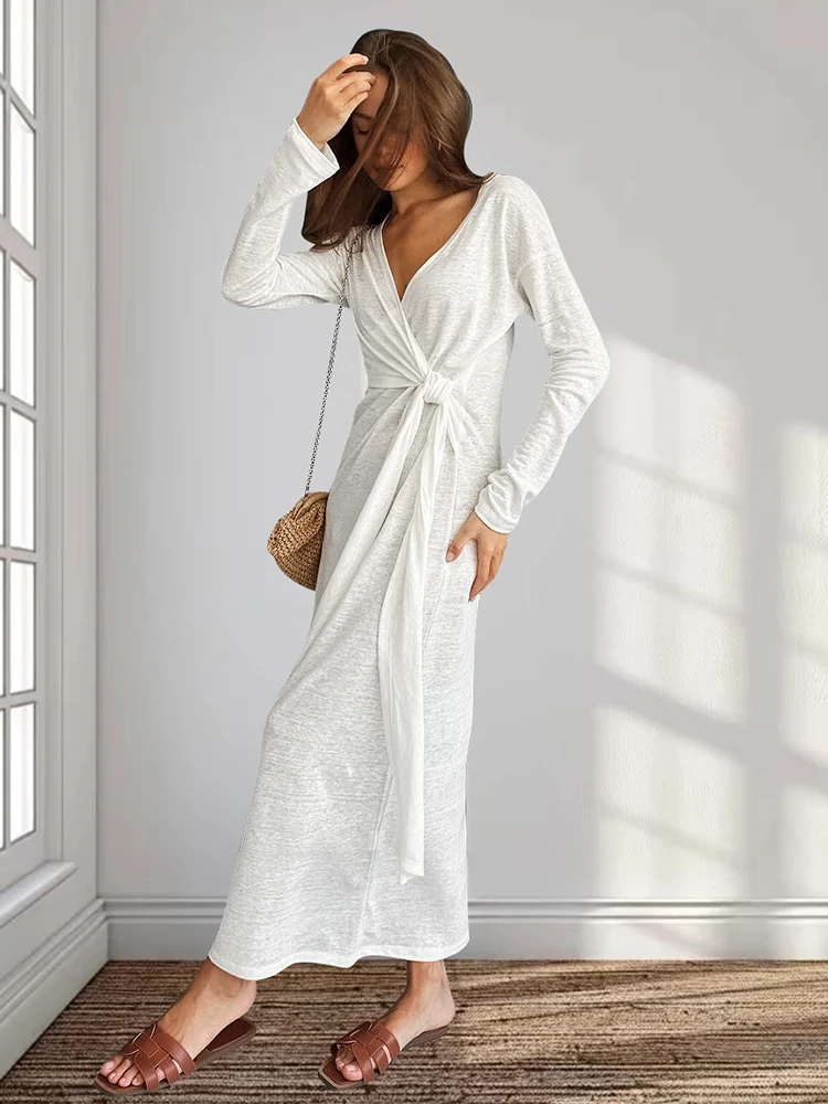 HiLoc Elegant Knitted White Robe Pajamas Women Fashion Solid V-Neck Long Sleeve Dress Elastic Lace-Up Long Robe Nightwears Sexy