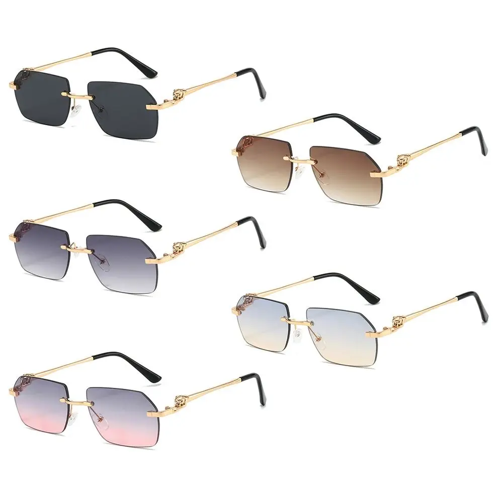 with Leopard Temples Edge-Cut Sunglasses Irregular Shape Summer Street Shades Frameless UV Protection Sun Glasses