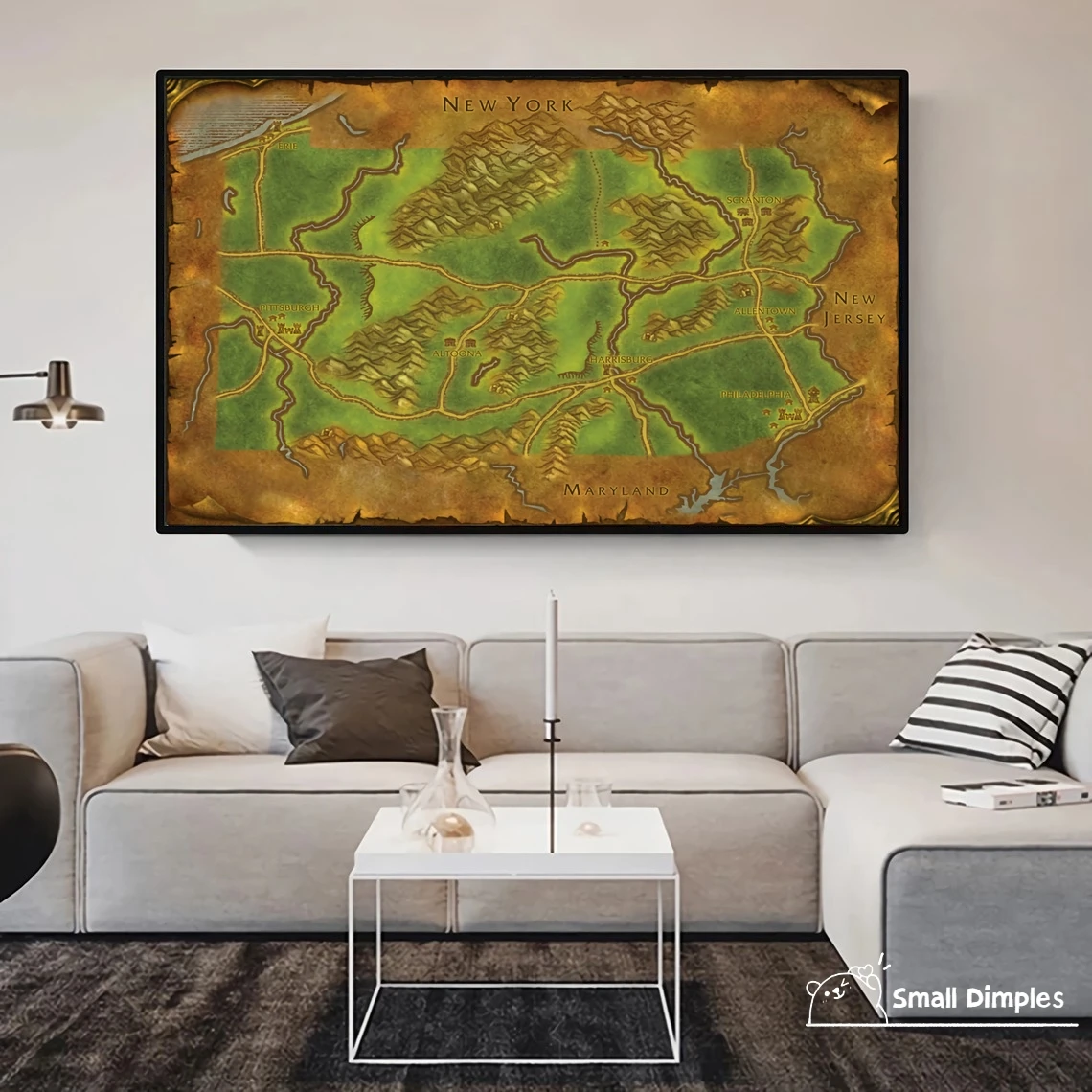 Map Of Pennsylvania - World Of Warcraft Style Map Game Poster Canvas Art Print Home Decoration Wall Painting ( No Frame )