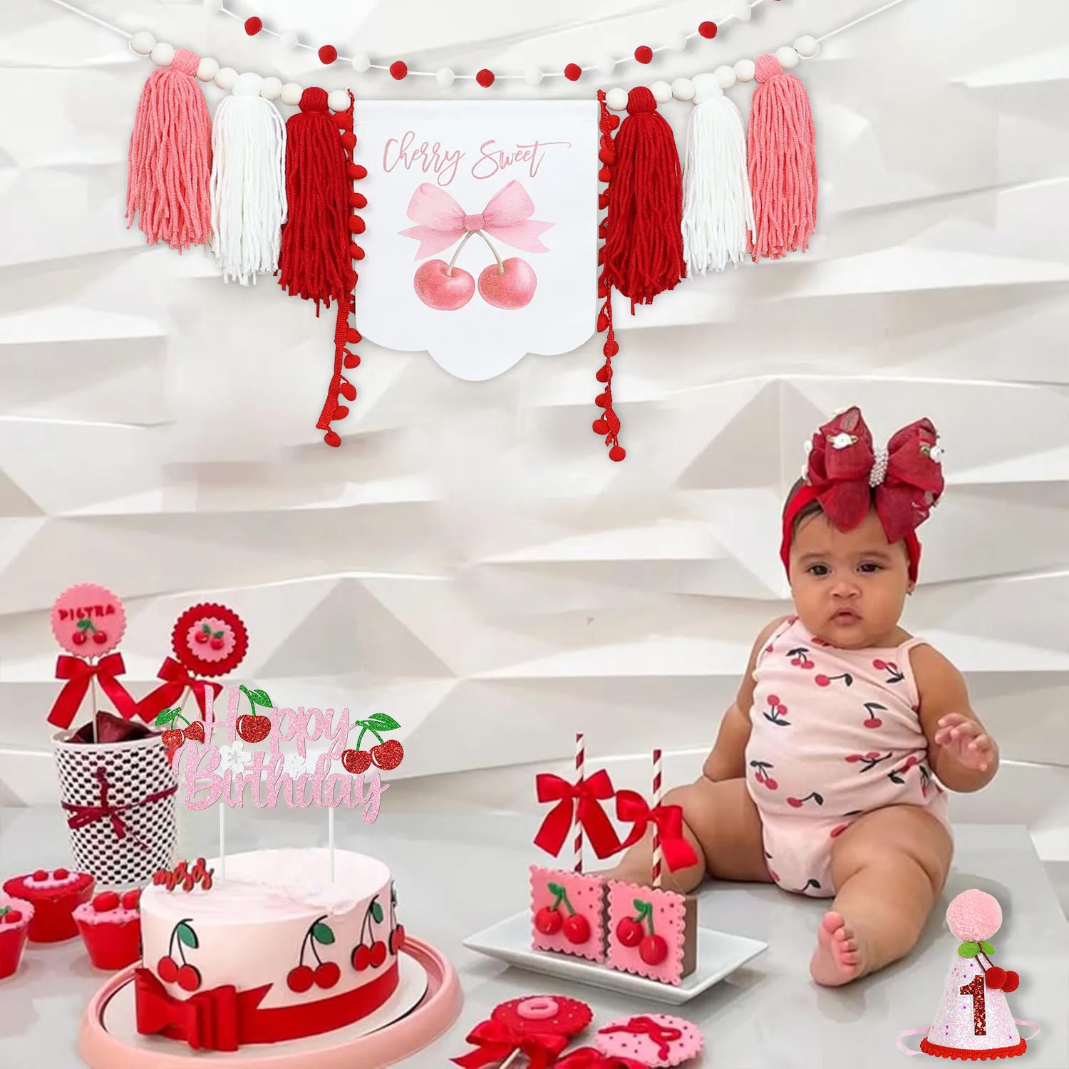 Cherry Birthday High Chair Banner for Girls-Party Hat Sweet One First Half Birthday Decorations Wall Hanging Home Decor