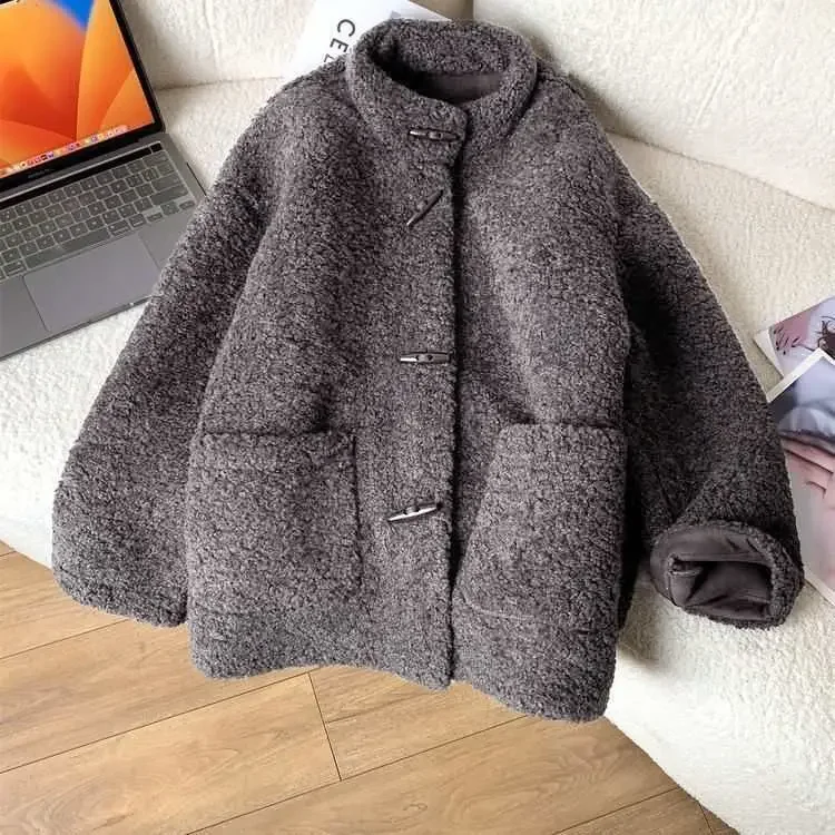 Autumn and Winter Women's Cotton Padded Commuting Oversized Stand Up Collar Fake Lamb Wool Jacket