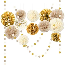 15Pcs Gold Champagne Beige Paper Pompoms Birthday Party Decorations Dot Garlands Hanging Backdrop for New Year Christmas Decor