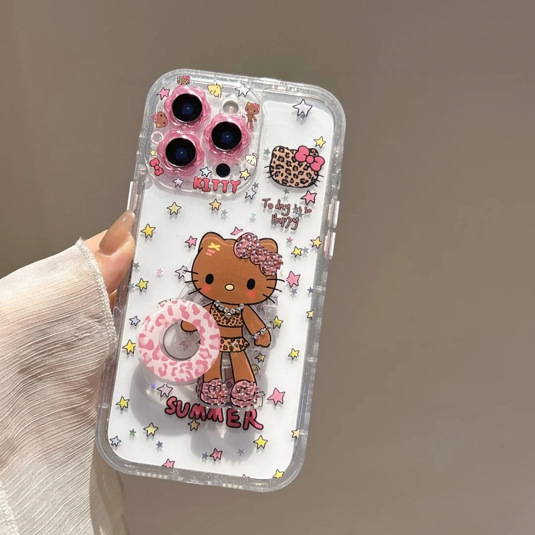 

Luxury Leopard print Hello Kitty diamond Bowknot with Holder Phone Case For iPhone 16 15 14 13 Pro Max Clear Soft silicone Cover