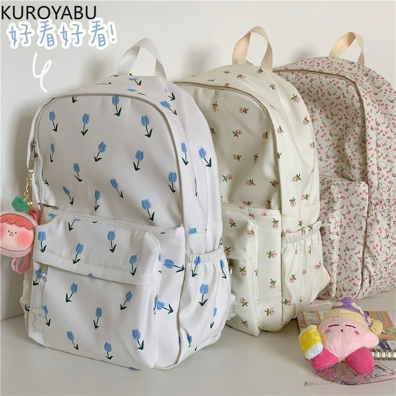 

Chic Student School Backpack Floral White School Bags for Teenage Girls Cute Women's Backpack Korean Book Bag Nylon Rucksack
