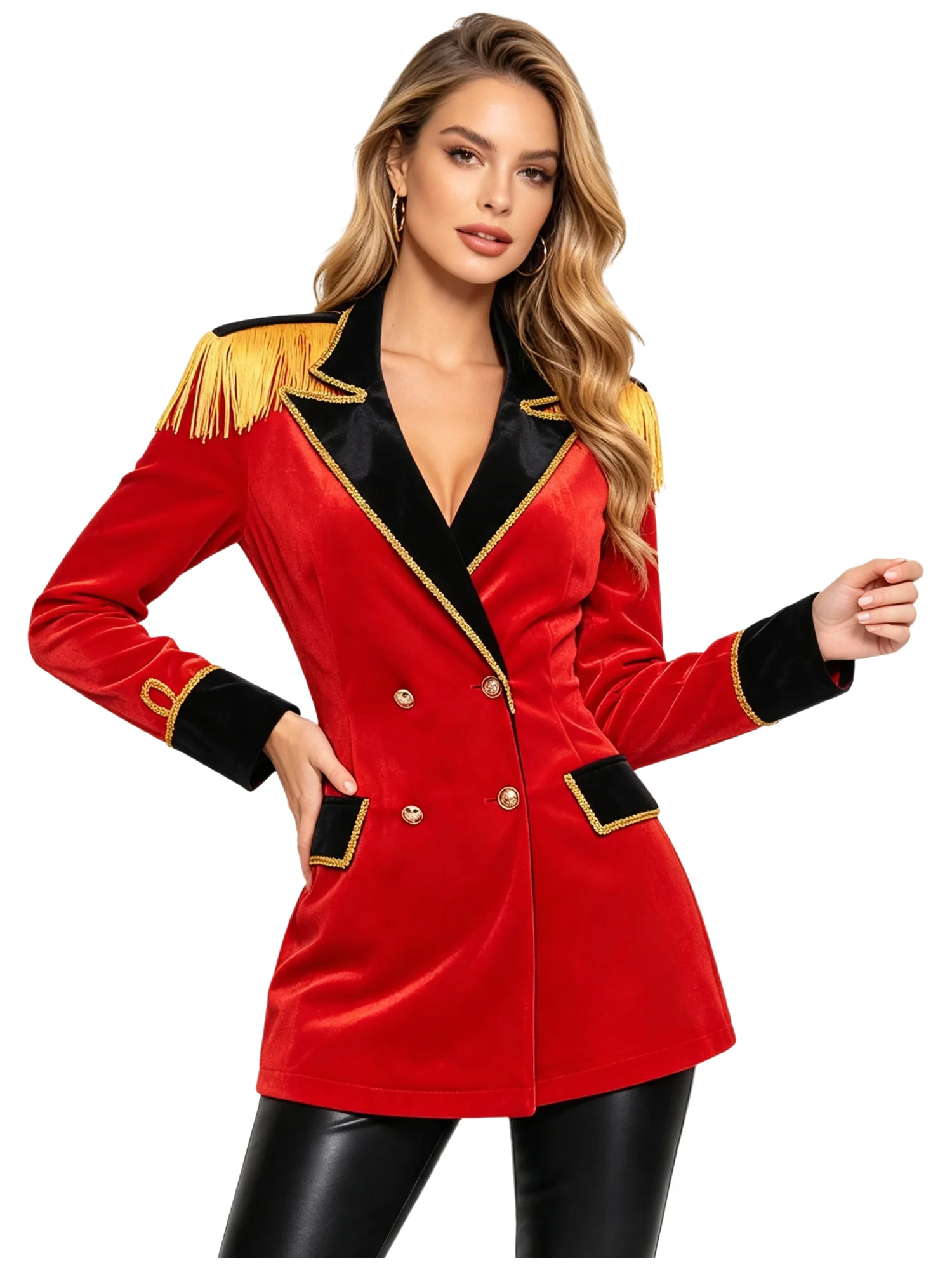 Damen Zirkusdirektor-Kostüm Halloween Cosplay Jacke Mantel Revers V-Ausschnitt Doppelreihig Langarm Quasten-Epauletten Oberbekleidung