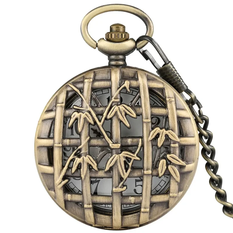 Vintage Hollow Out Bamboo Case Retro Quartz Pocket Watch for Men Women Arabic Number Clock with Bronze Necklace Chain reloj