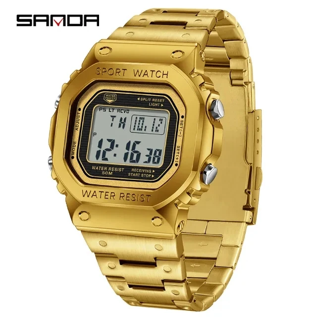 SANDA 2162 Square Electronic Watch Fashion Waterproof Night Light Gold Black Silvery Stainless Steel Strap Wristwatch for Men