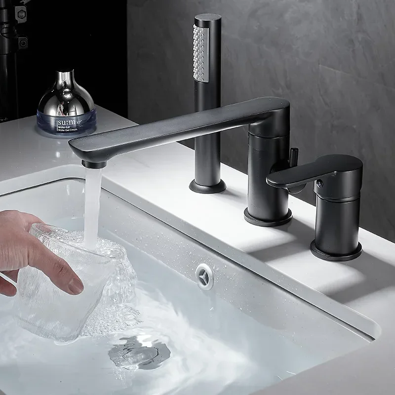 

3-Hole Bathtub Faucet in Gold/Black/Chrome Widespread Basin Mixer with Hand Shower Head Hot & Cold Control Bathroom Faucet
