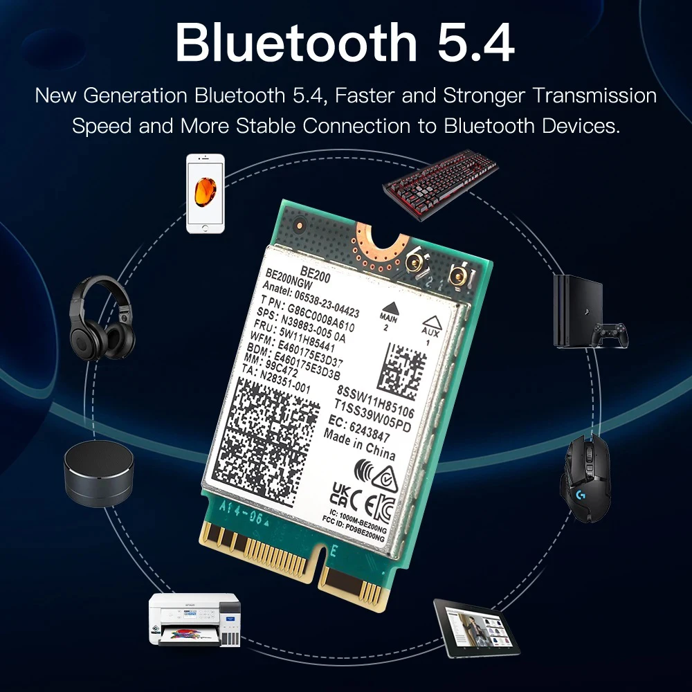 Bluetooth 5.4, Wi-Fi,7カード,Be200,2.4 GHz, 5 GHz, 6 GHz, 5.8 GHz,デスクトップ用アンテナ付きワイヤレスアダプター
