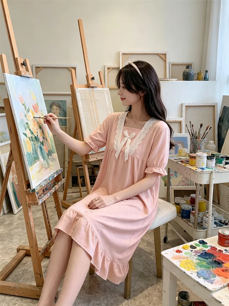Women's Retro Summer Pajamas Dresses Sleepwear Sweet  Night Dress Women Nightgown Short Sleeve Lingerie Lace Patchwork Nightie image 3