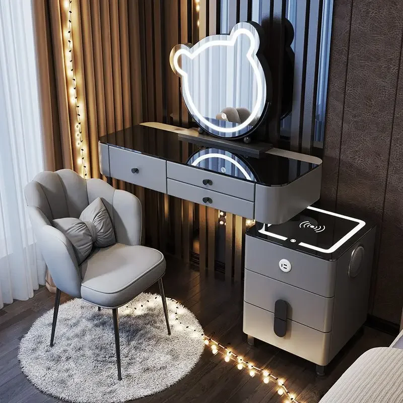 Table de maquillage multifonctionnelle moderne avec chargement sans fil intelligent, miroir LED nuage sonore, table de chambre à coucher de luxe