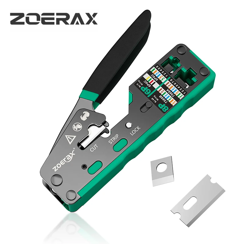 Zoerax Pass Through Crimper Cutter Conector Modular Ethernet Tudo-em-um Fio Ferramenta Rj45 Cat6 Cat5 Cat5e 8p8c
