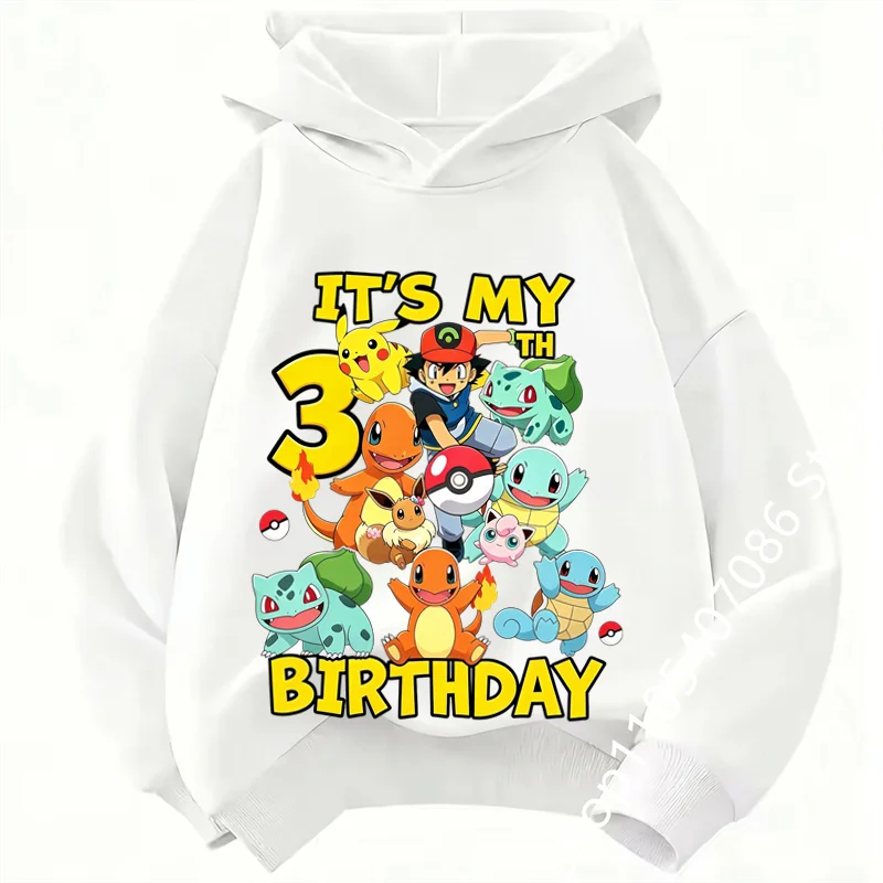 Autumn and winter Pikachu Kids Pure hoodie  Unisex Boys Girls 4-14Y Casual Birthday 1-9 number Top