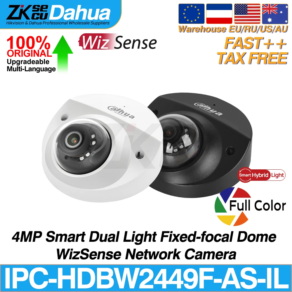 

Dahua Original IPC-HDBW2449F-AS-IL 4MP Smart Dual Light Dome WizSense Network POE IP Camera SMD Plus IVS IR30M Built-in MiC IK10