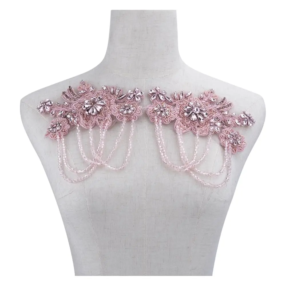 

1 Pair Handmade Beaded Rhinestone Appliques Leaves Bead Patches, Sew on Crystal Flower Lace Patch,Multi-Color Pairs for DIY C