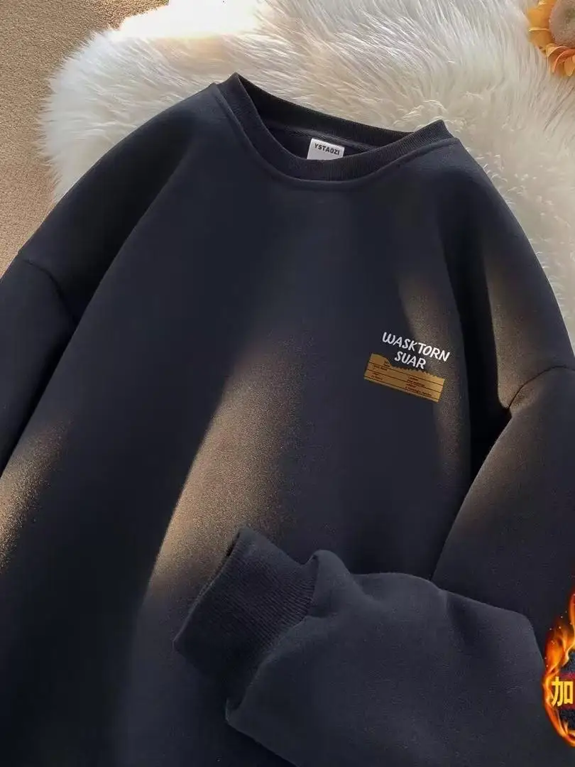 سترة رجالية بياقة مستديرة على الطراز الأمريكي القديم وهونغ كونغ، سميكة وفضفاضة للخريف والشتاء، معطف عصري للشباب للارتداء اليومي #5