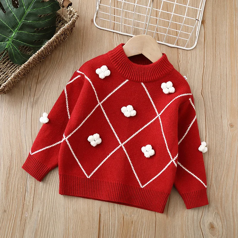 

Fall Winter Kids Girls Sweaters Thicken Warm Knitted Red Tops Girls Children Pullover Knitwear for Baby Girl Winter Clothes