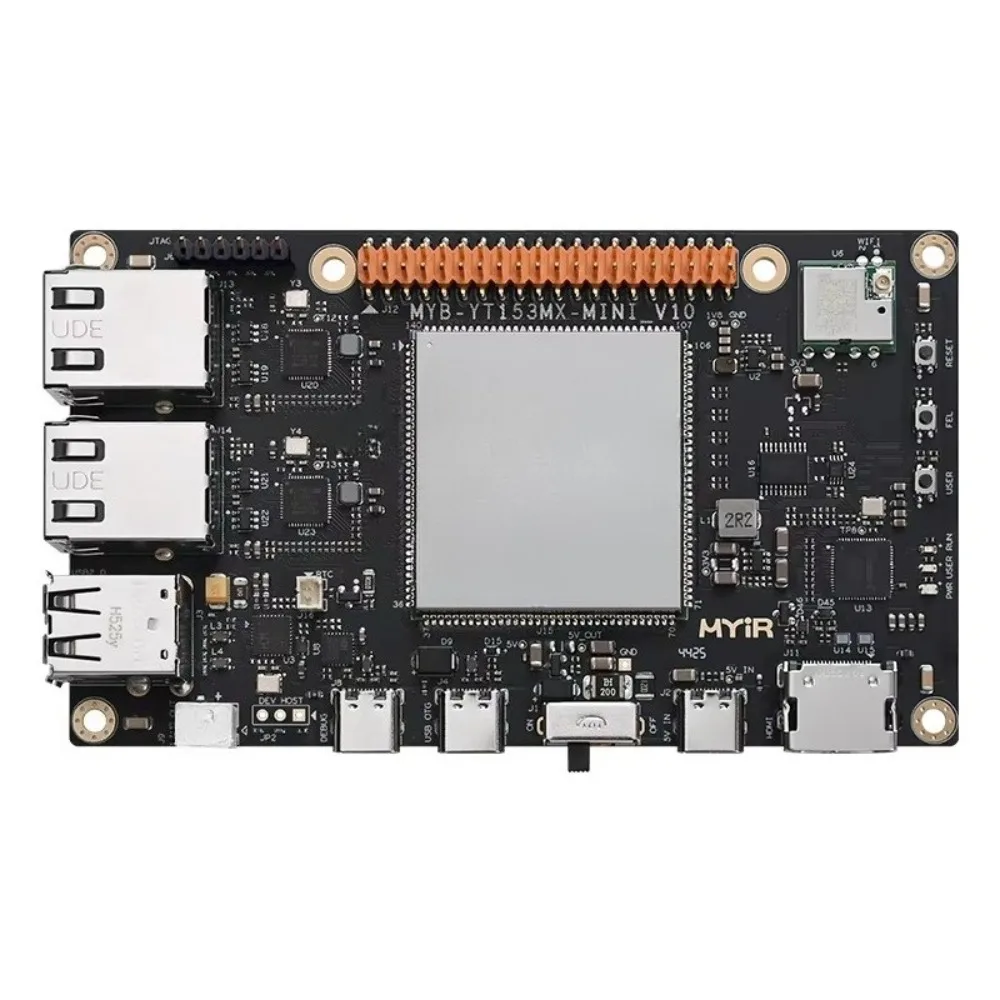 T153-based MYiR MYD-YT153MX-MINI development board with quad-core Cortex-A7 processor and triple Gigabit Ethernet
