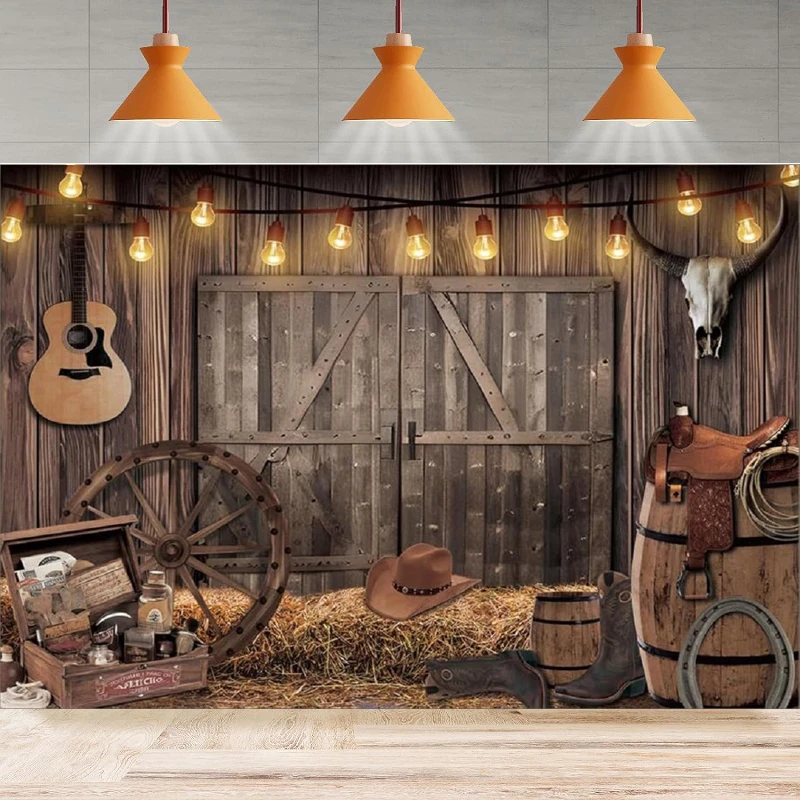 Western Cowboy Photography Backdrop Wall Wild West Rustic Wooden House Barn Background Baby Shower Party Backdrop Wall Banner