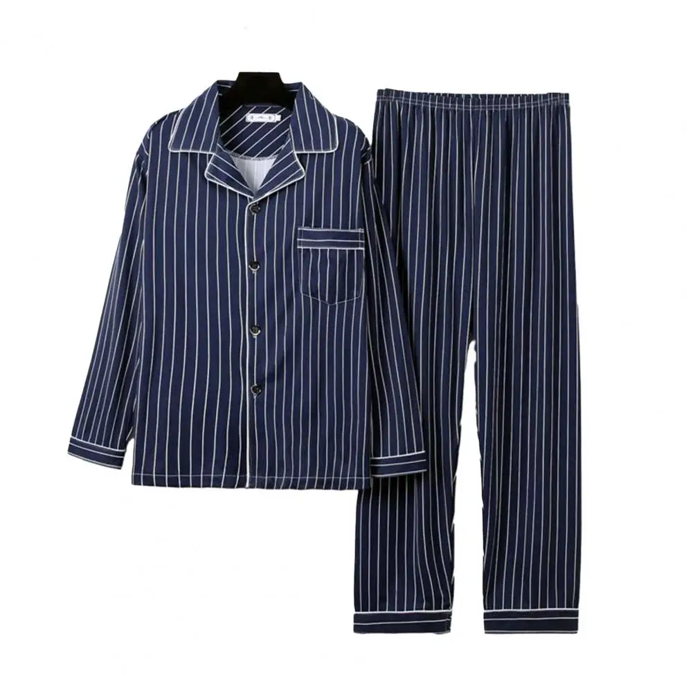 Conjunto de pijama de invierno para hombre, conjunto de pijama elegante para otoño e invierno, estampado a cuadros a rayas, solapa a juego, manga larga de un solo pecho