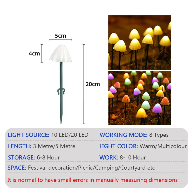 LEDsolar Mushroom Lawn Lamp Outdoor Waterproof 8-mode Fairy Path Landscape Lamp Courtyard Terrace Garden Decorative Light String