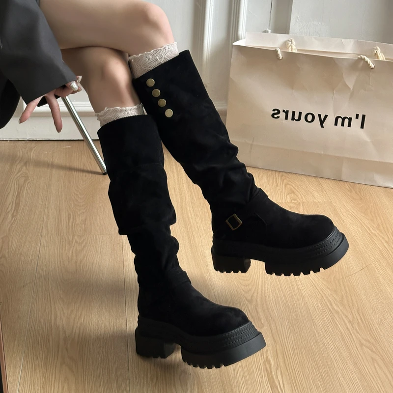 Retro Ruched Leather Long Boots for 2026 Winter, Fashionable and Versatile Style Round Head Platform Thick-soled Women's Boots