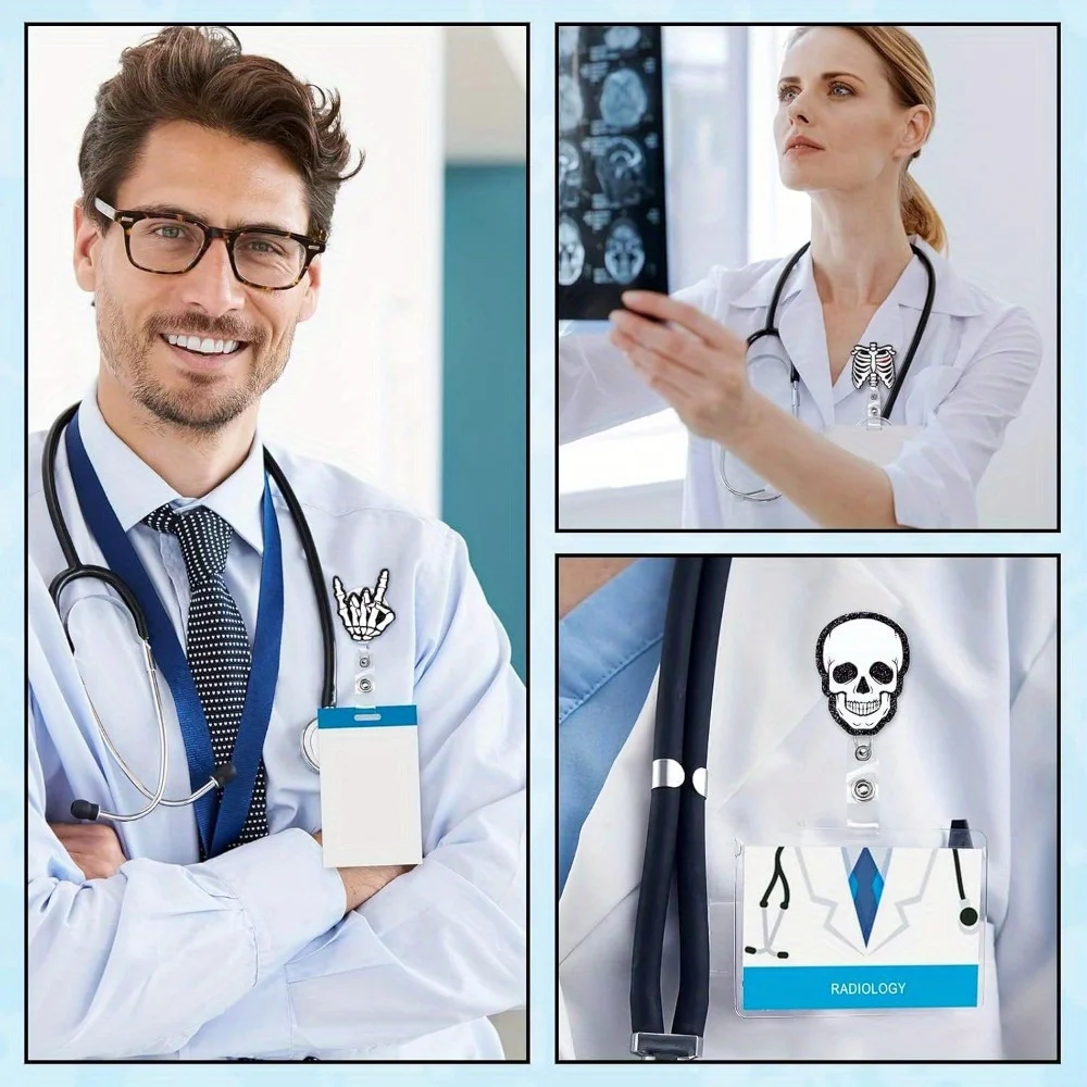 4/8 قطعة بكرات شارة الأشعة السينية. هيكل عظمي أكريليك ومشابك معرف الجمجمة لتقنيات الراداد والممرضات والأطباء. هدية الهالوين/عيد الميلاد.