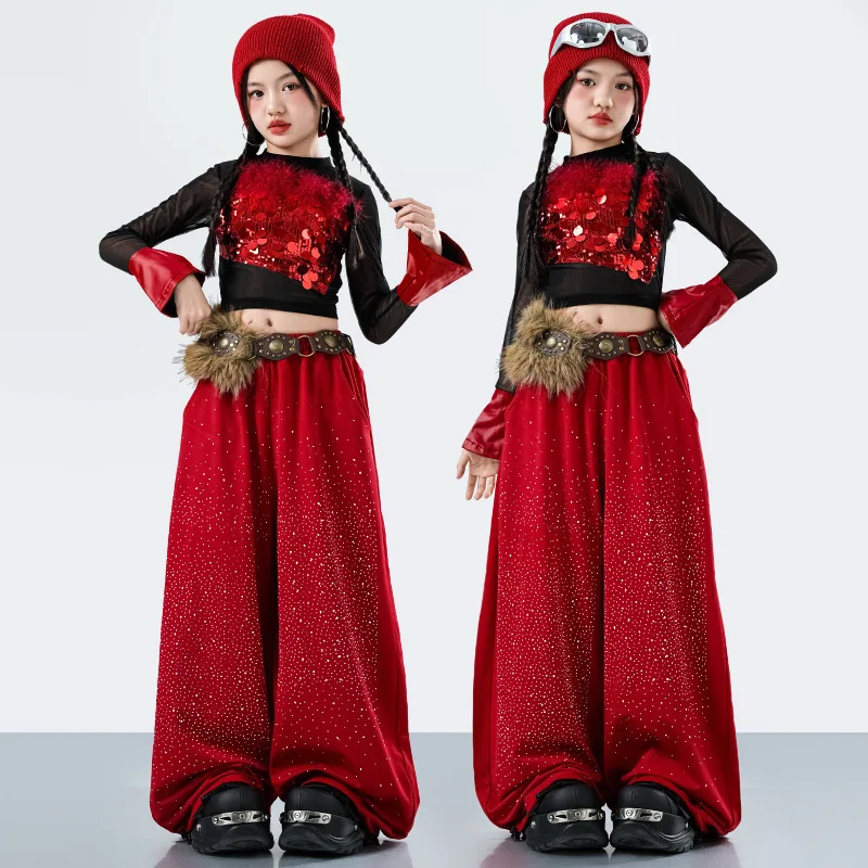 

Костюм для выступлений на подиуме для девочек: топ + красные брюки, модный уличный костюм, детский костюм для джазовых танцев