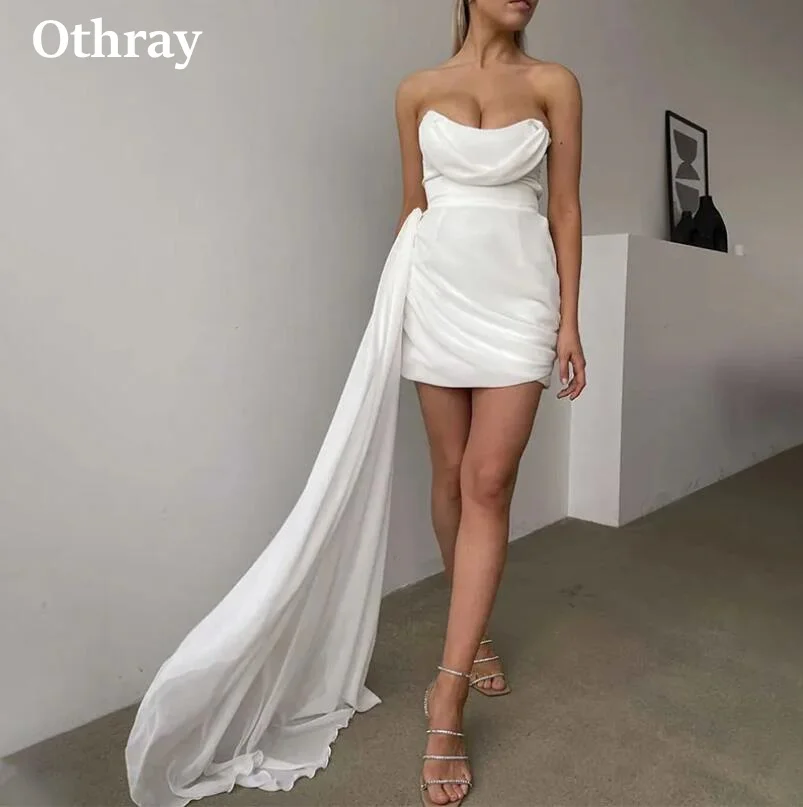 Othray 2025 Short Prom Dresses Ruched Strapless Long Side Train Mini Skirt Homecoming Party Gowns Graduation Wear Sky Blue White