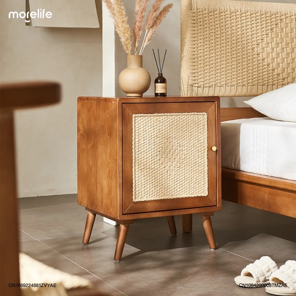 

Nordic Solid Wood Rattan Woven Nightstands Bedside Table Homestays Retro Style Bedroom Minimalist Storage Cabinet Furniture K01+