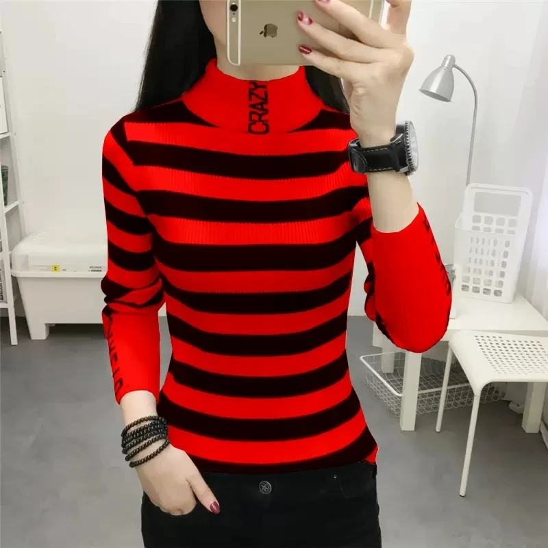 Autumn Winter Women Stripe Pullover Sweater half-turtleneck bottom Clothes Women High Neck Slim Basic Sweaters Tops M-3XL