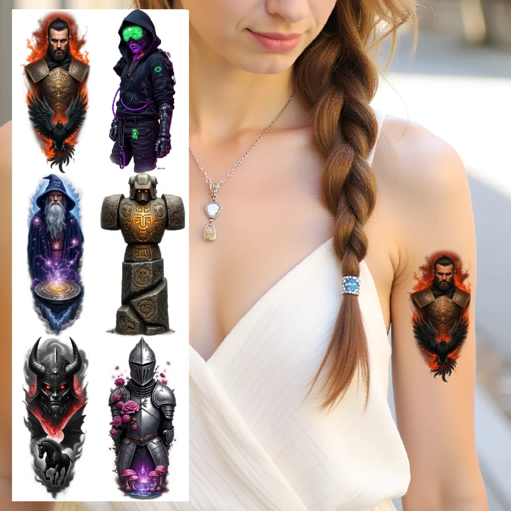 9pcs Temporary Tattoo Dark Armored Warrior Waterproof Long-lasting Body Stickers Flaming Skull With Eye Blue Ice Mystic For