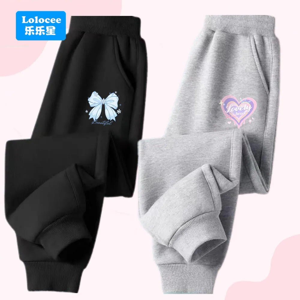 Mode-Jogginghose für Mädchen, niedliche Schleife und Herzdruck, Freizeithose für Kinder, elastische Taille, dünne Hose, Activewear für Kinder HDJ1