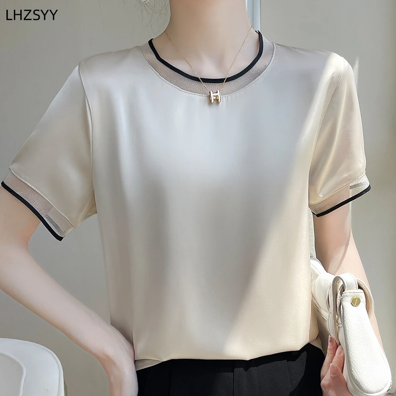 

LHZSYY Silk Short-Sleeved T-Shirt Ladies' Gauze Round Neck Tops Summer Thin Loose Silkworm Satin Vest Half Sleeve Bottoming Shir